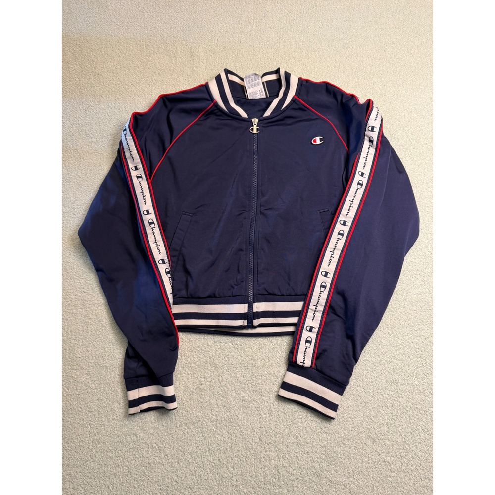 Champion Navy Blue Track Jacket Full Zip Logo Tape Sleeve Women Small